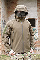 Мужская военная влагозащитная оливковая куртка Soft Shell демисезонная на флисе с капюшоном