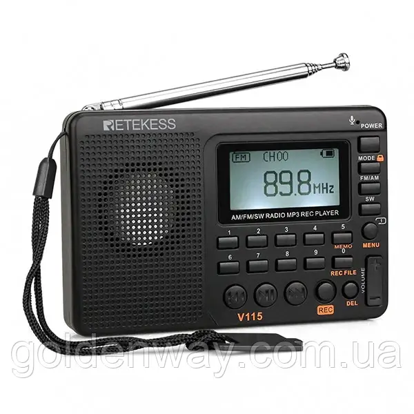 Радіоприймач радіо RETEKESS V-115 Radio FM AM SW mp3 micro SD на акумуляторі функція записування радіопрограм