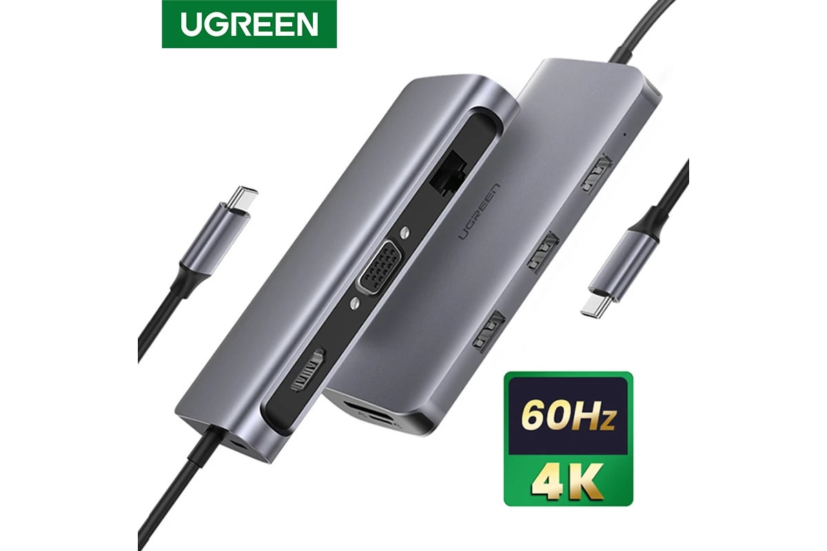 USB-концентратор Ugreen USB хаб 9-в-1 4k 60hz Type-C USB 3.0 HDMI VGA 100w PD картридер Grey (CM179) - фото 2 - id-p1773340066