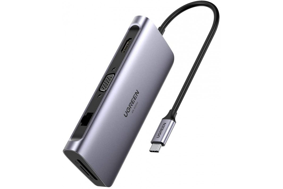 USB-концентратор Ugreen USB хаб 9-в-1 4k 60hz Type-C USB 3.0 HDMI VGA 100w PD картридер Grey (CM179) - фото 1 - id-p1773340066