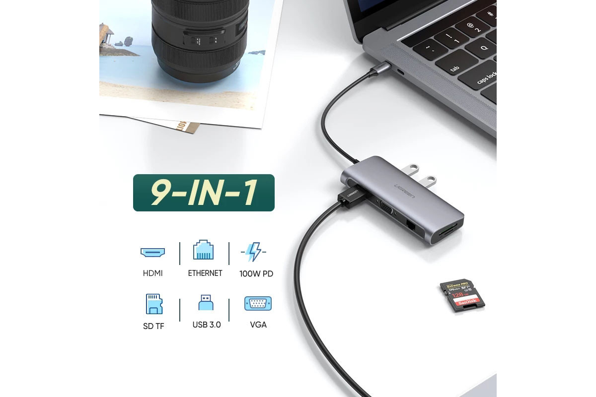 USB-концентратор Ugreen USB хаб 9-в-1 4k 60hz Type-C USB 3.0 HDMI VGA 100w PD картридер Grey (CM179) - фото 7 - id-p1773340066