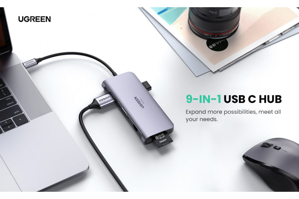 USB-концентратор Ugreen USB хаб 9-в-1 4k 60hz Type-C USB 3.0 HDMI VGA 100w PD картридер Grey (CM179) - фото 9 - id-p1773340066