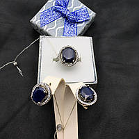 Серебряные серьги и кольцо с натуральным сапфиром и фианитами