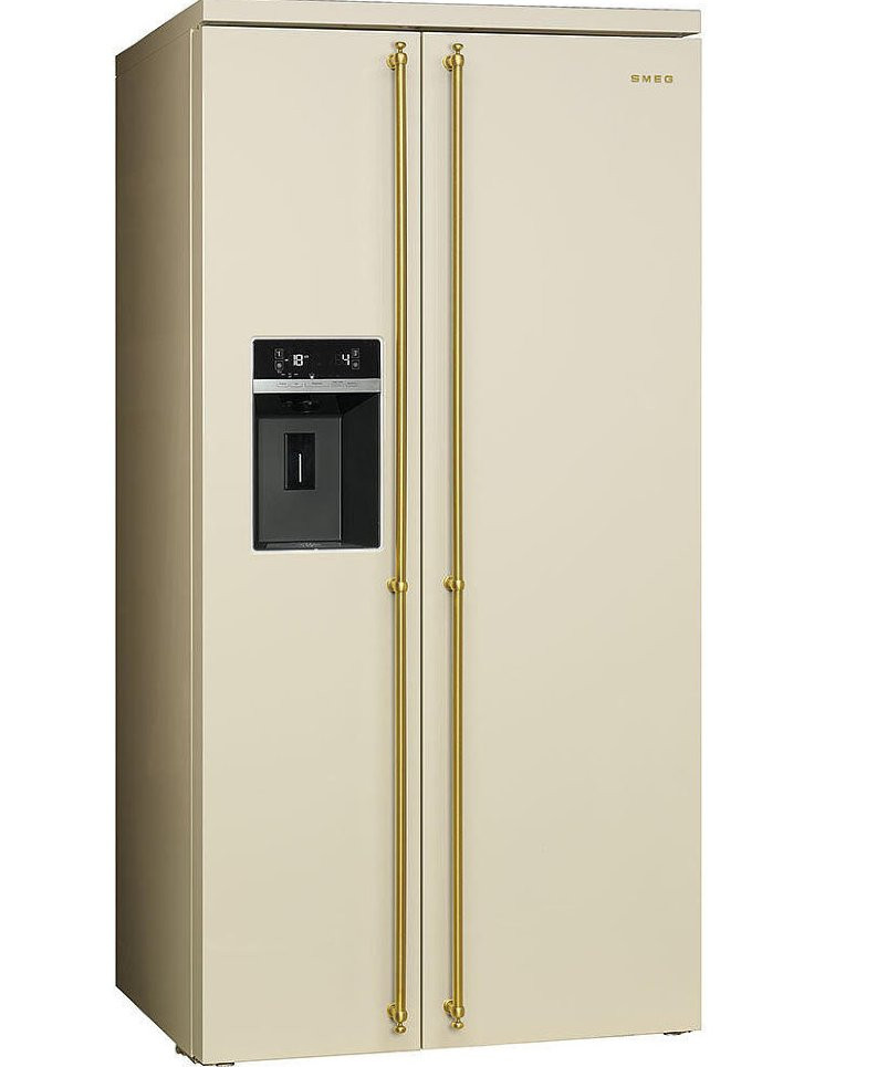 Smeg SBS8004P. Італійський Side-by-Side кремова, позолочена фурнітура, Клас енергоспоживання А+ No-frost