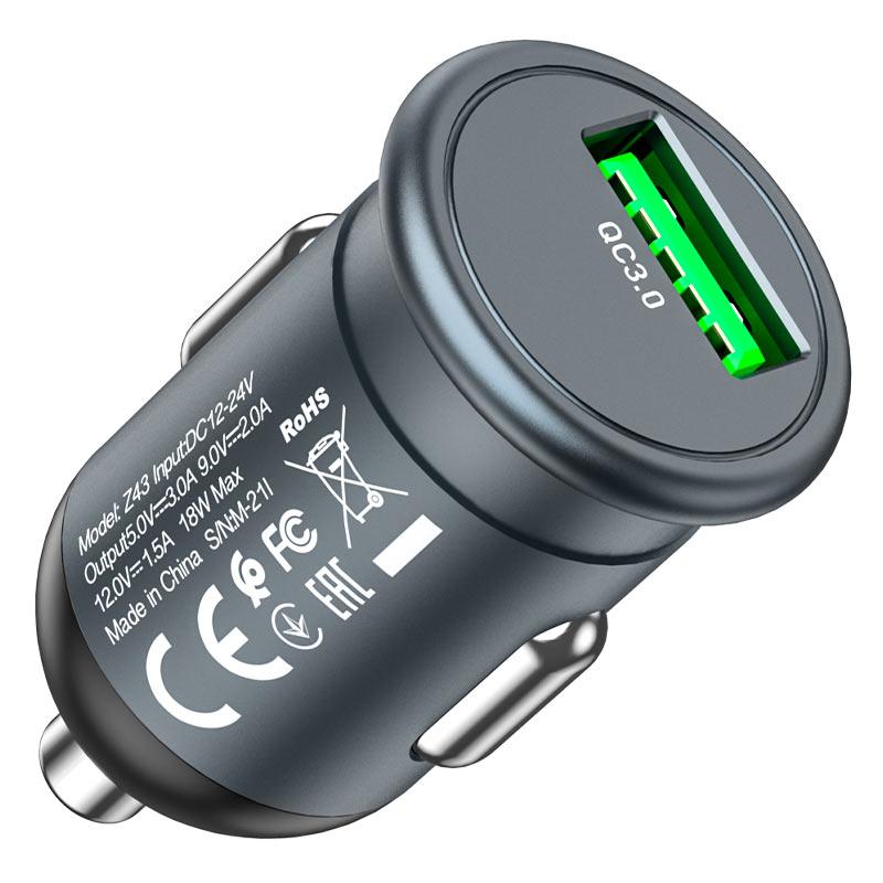 АЗП Hoco Z43 Mighty single port QC3.0 car charger Metal Gray