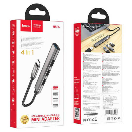 USB-хаб Hoco HB26 4 in 1 adapter(Type-C to USB3.0+USB2.0*3) Metal Gray, фото 3