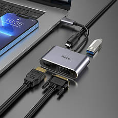 USB-хаб Hoco HB30 Eco Type-C multi-function converter(HDTV+VGA+USB3.0+PD) Metal Gray, фото 4
