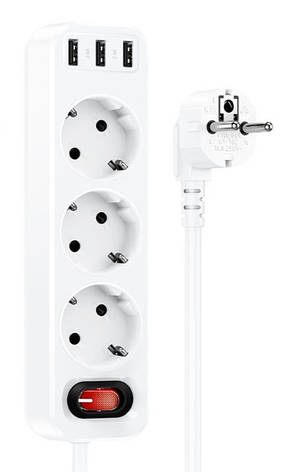 Мережевий фільтр Hoco NS2 3-position extension cord socket ( including 3 * USB output ) ( EU / GER ), фото 1