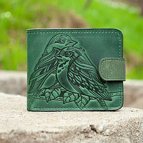 Жіночий шкіряний гаманець зелений з тисненням Пташки