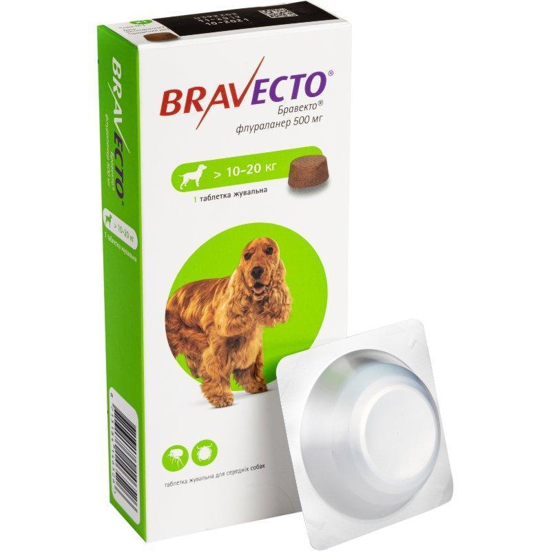 Таблетка Бравекто Bravecto від бліх і кліщів для собак з вагою 10-20 кг ( 1 таблетка на 3 місяці) термін 05,2026