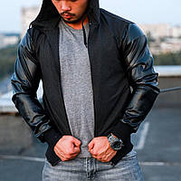 Куртка бомбер мужская черного цвета с кожаными рукавами и с капюшоном One-Point