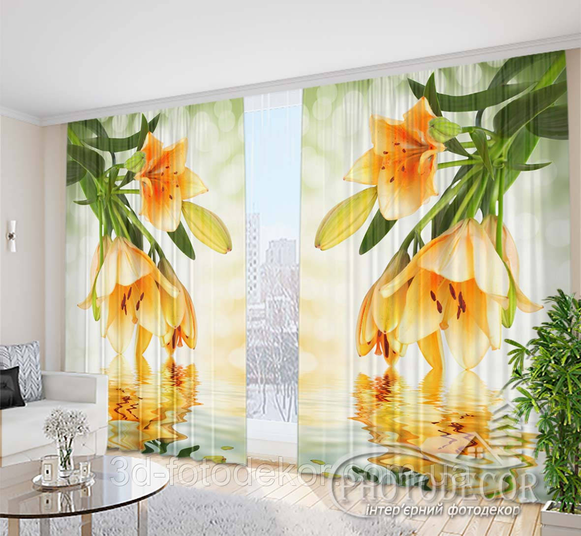 Фото Штори "Помаранчеві лілії над водою" - Будь-який розмір. Читаємо опис!, фото 1