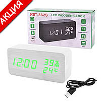 Часы сетевые VST-862S-4 прямоугольные календарь будильник температура влажность USB зеленые белый корпус