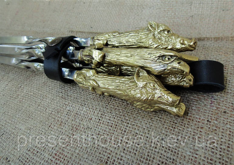 Набір шампурів ручної роботи "Мисливський трофей" у чорному шкіряному сагайдаку, 6шт, фото 1