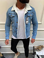 Мужская джинсовая куртка на овчине демисезонная весенняя осенняя голубая
