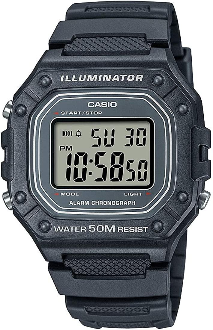 Gray Чоловічий годинник Casio W-218H-1AVCF з класичним цифровим дисплеєм, кварцовий чорний