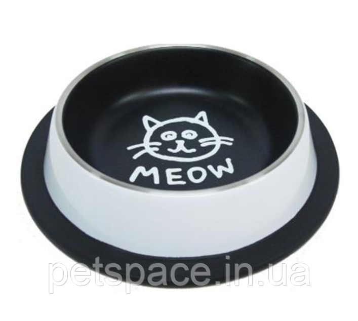 Миска для собак Modes (з нержавіючої сталі протиковзке дно, чорно-біла з принтом "весна") 17/23см, фото 1