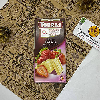 Шоколад білий 0% цукру Torras Blanco Fresas з полуницею 75 г (Іспанія)