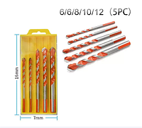 Набір з 5шт універсальних трикутних свердел 6-12 мм спіральних із YG6X сталі для плитки бетону, скла, дерева