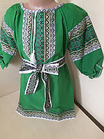 Сукня Вишиванка з поясом для дівчинки габбардин зелене р. 110-146