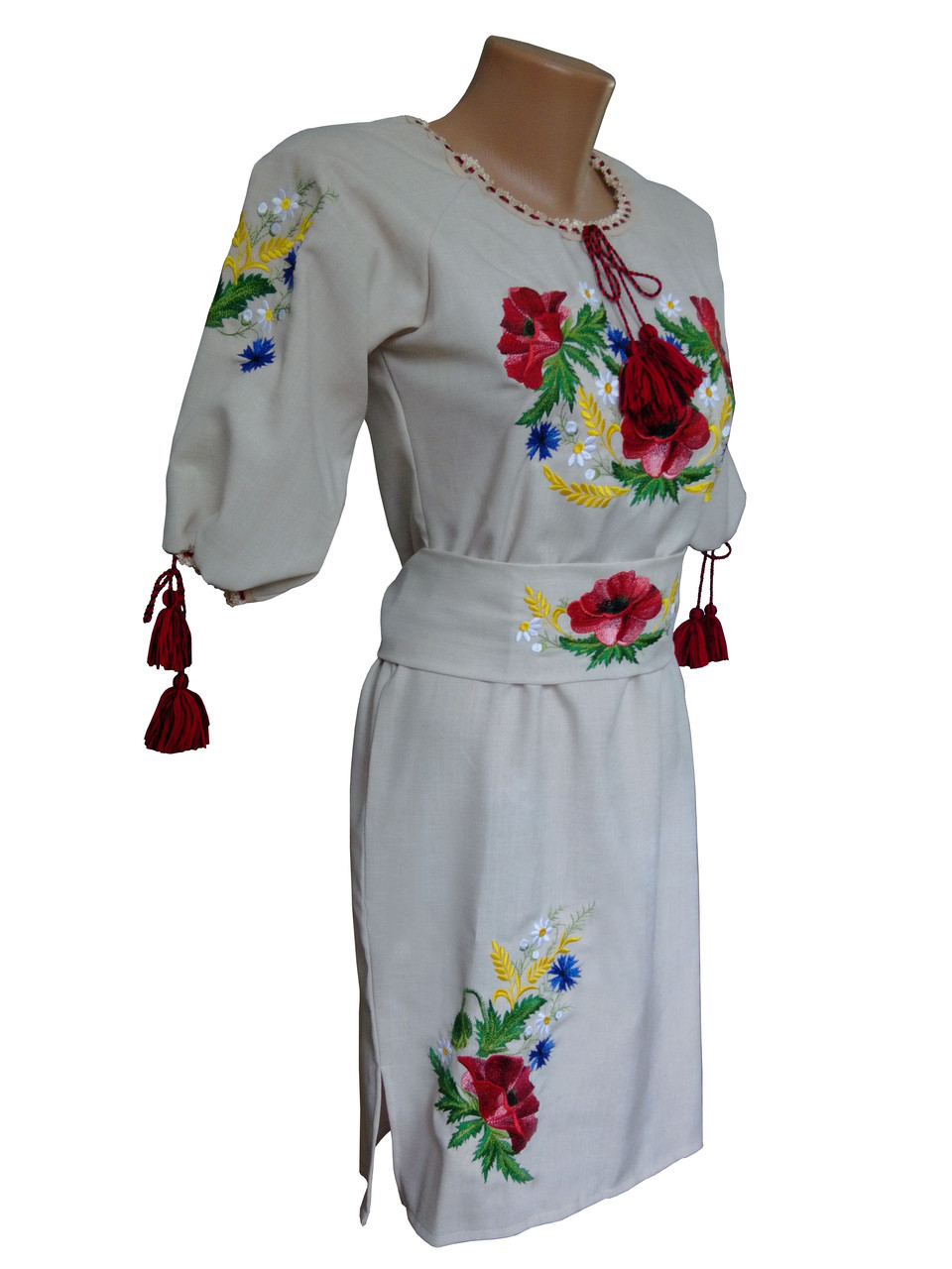 Сукня жіноча вишита Льон Вишиванка з поясом бежеве р. 42 - 60