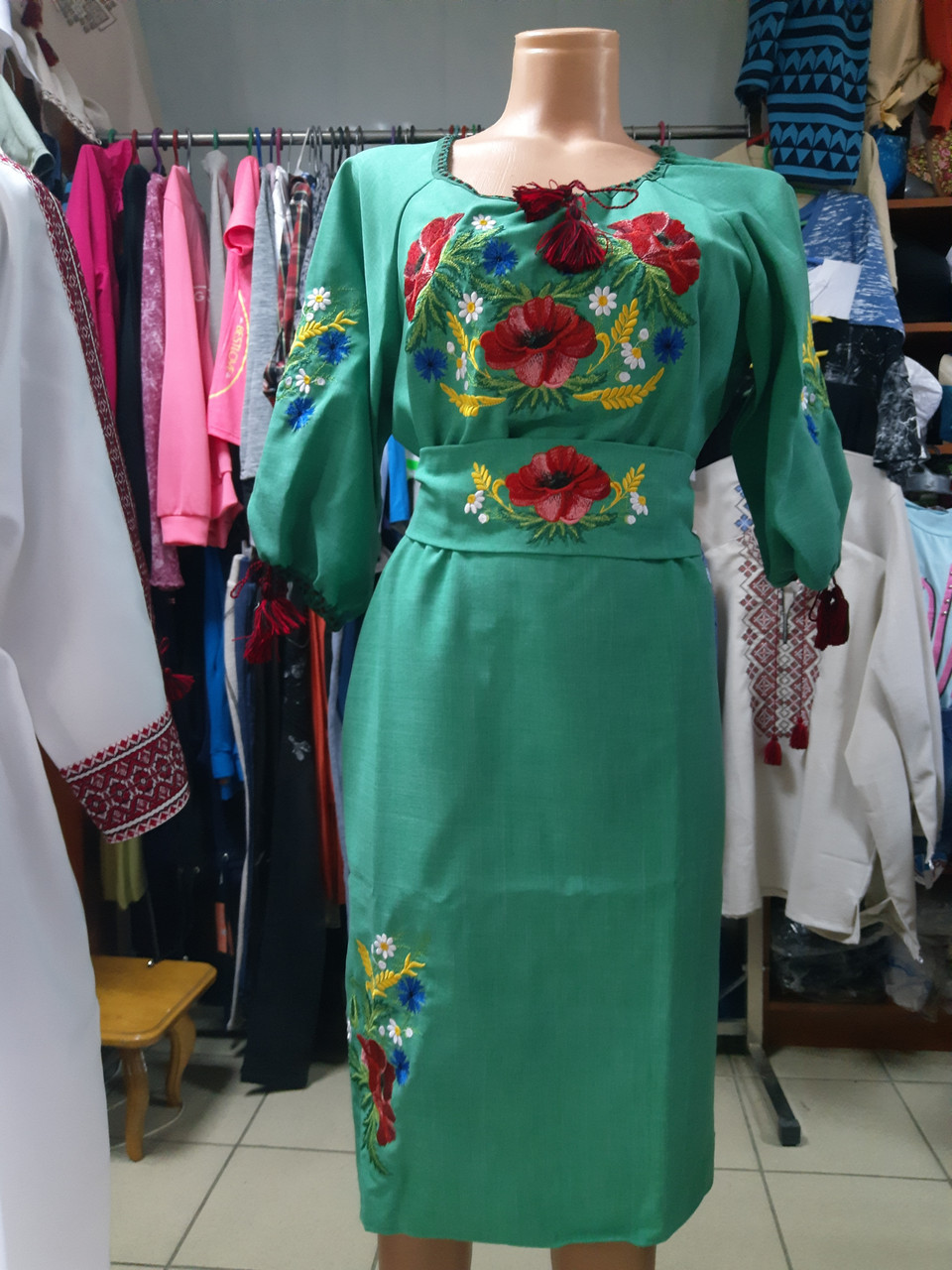 Вишиванка сукня жіноча з поясом льон зелена р. 48 - 60