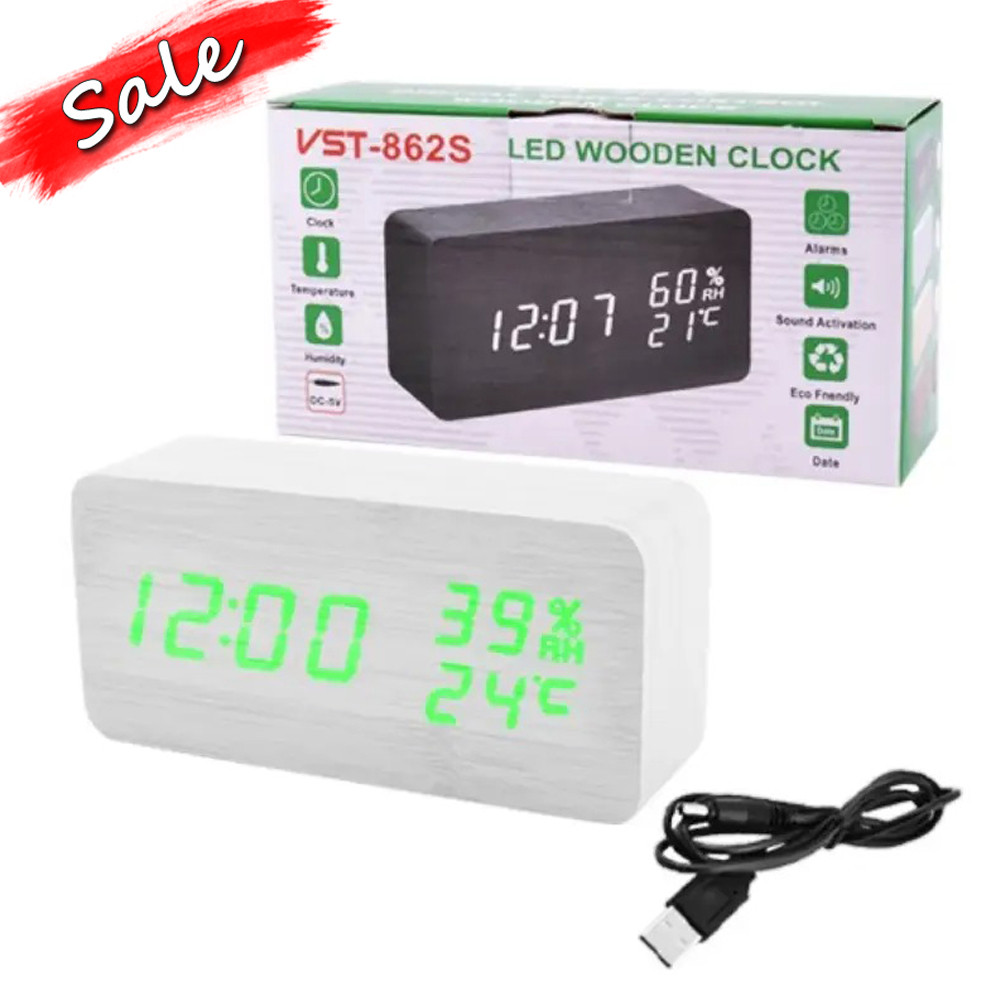 Годинник мережевий VST-862S-4 прямокутний календар будильник температура вологість USB зелений білий корпус
