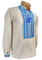 Подростковая Льняная Вышиванка Рубашка для мальчика голубая вышивка р.140 - 176