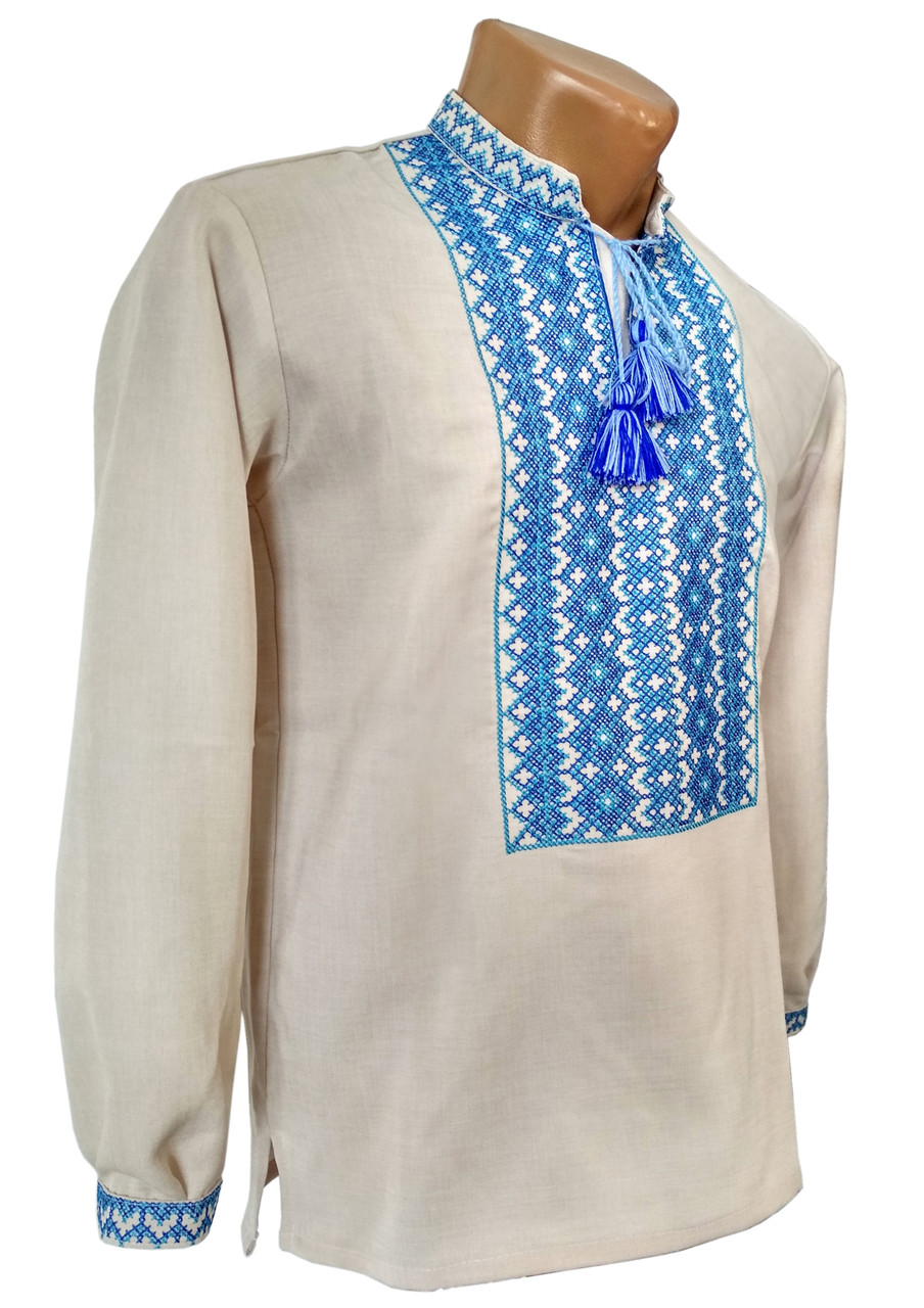 Підліткова лівняна Вишинка Рубашка для хлопчика голуба вишивка р.140 - 176