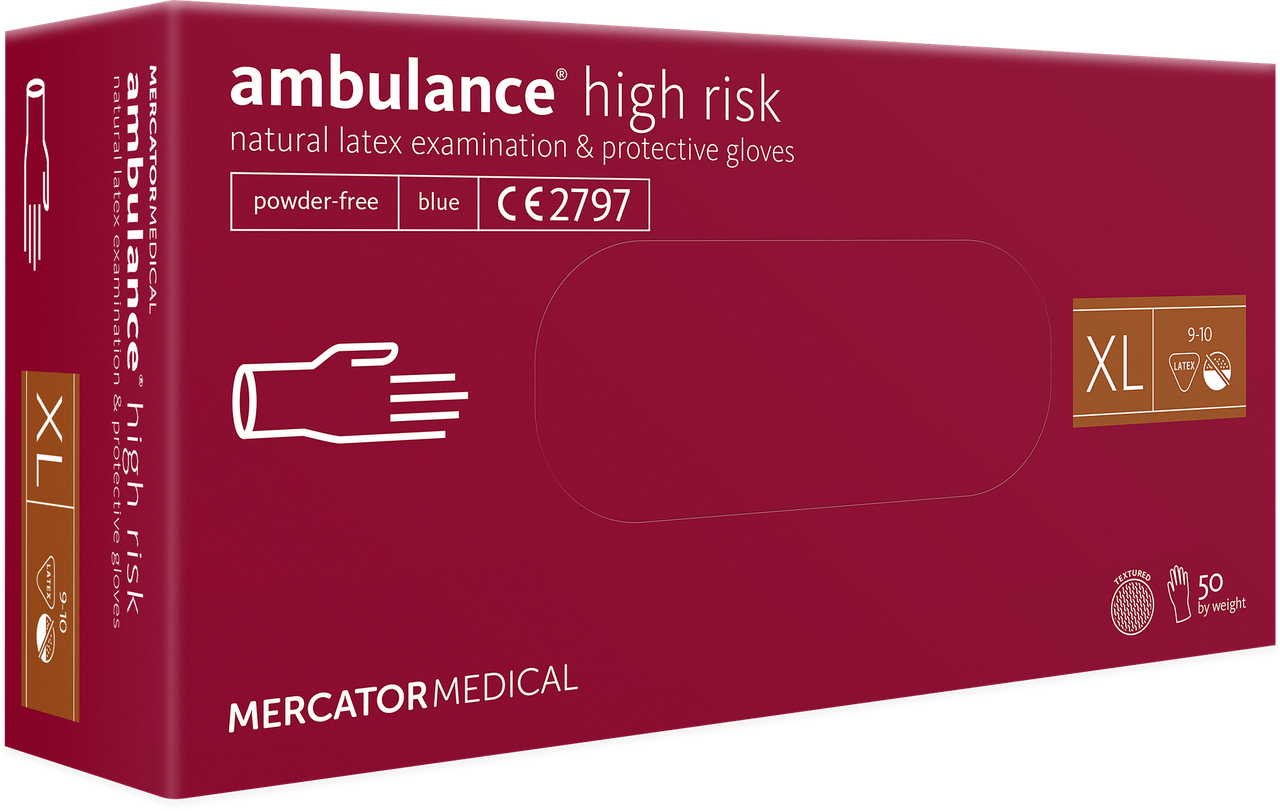 Рукавички латексні неопудрені надміцні Аmbulance® high risk р.ХL, (25 пар)