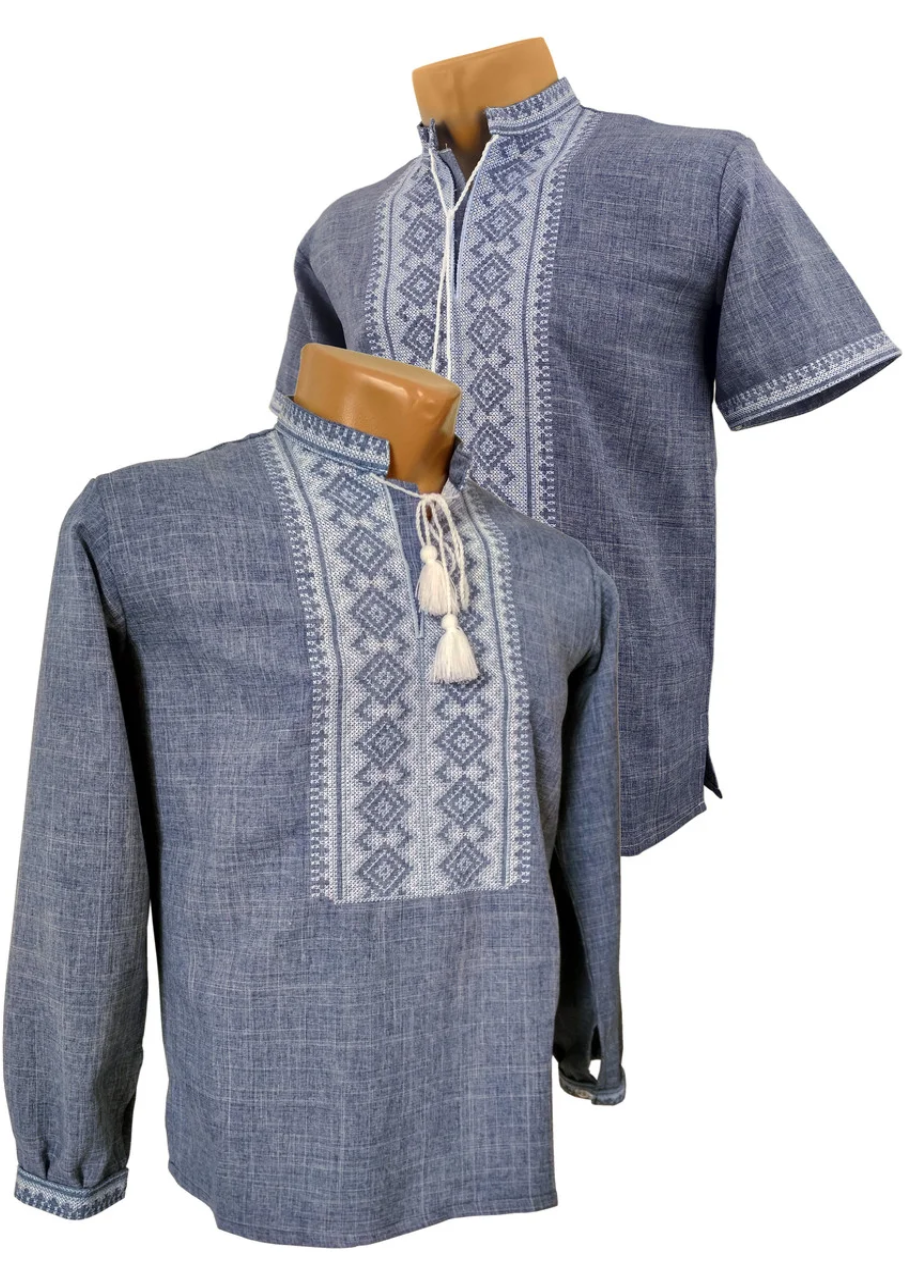 Сорочка Вишиванка для хлопчика синя льон короткий рукав Біла вишивка р.140 -176