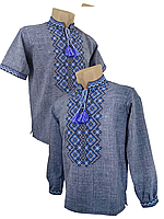 Сорочка Вишиванка для хлопчика лляна короткий рукав Джинс ромб р. 140 -176
