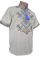 Рубашка Вышиванка мужская натуральный лен голубая вышивка р. 42 - 58