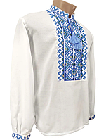 Домотканая рубашка вышиванка для мальчика Голубой орнамент Белая р.140-176
