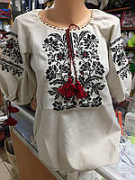 Льняная подростковая Рубашка Вышиванка для девочки Черно красная вышивка р.140 - 176