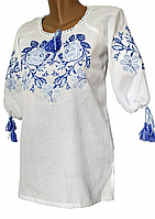 Подростковая Рубашка Вышиванка для девочки домотканый хлопок голубые цветы Белая р.140 - 176