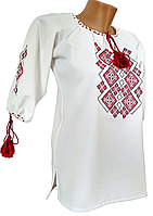 Подростковая Рубашка Вышиванка для девочки домотканый хлопок Красный орнамент Белая р.140 - 176