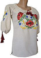 Подростковая Льняная Рубашка Вышиванка для девочки Цветочный Луг р.140 - 176