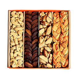 Подарунковий набір горіхів та сухофрутів у круглому боксі.