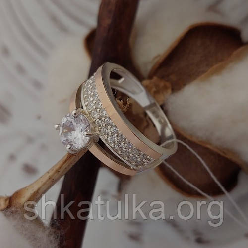 Серебряное двойное кольцо с золотом и круглым фианитом - фото 5 - id-p1142194443