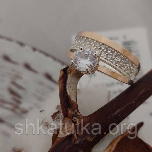 Серебряное двойное кольцо с золотом и круглым фианитом - фото 6 - id-p1142194443