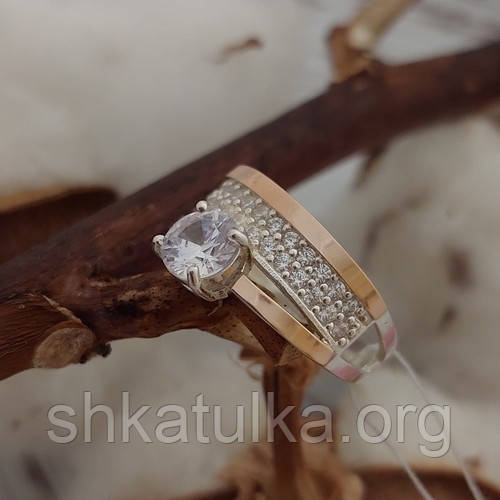 Серебряное двойное кольцо с золотом и круглым фианитом - фото 8 - id-p1142194443