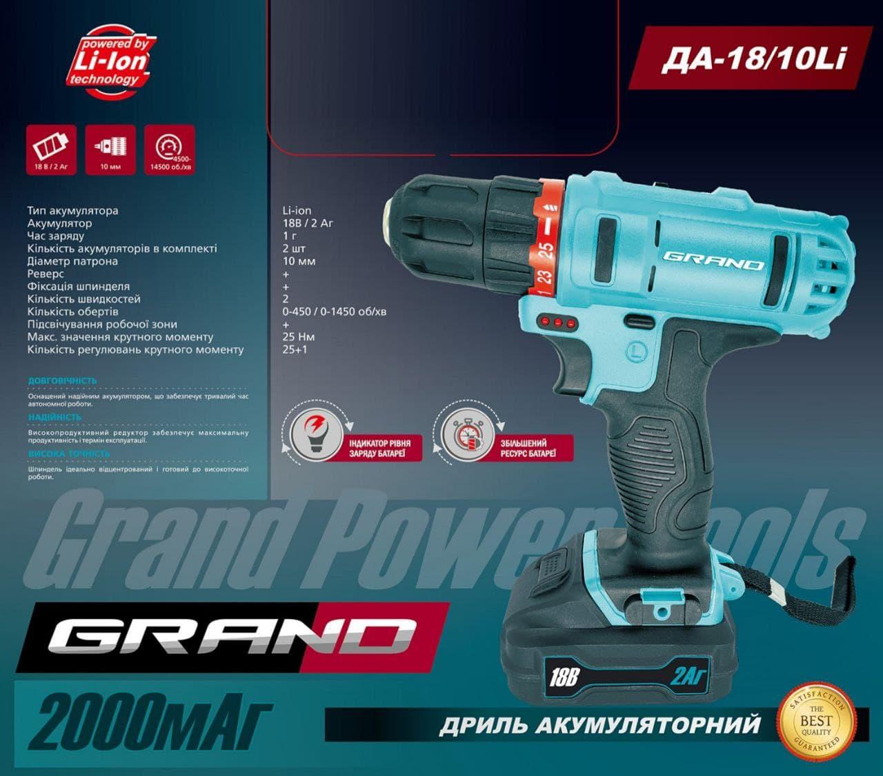 Шурупокрут дриль акумуляторний Grand ДА-18/10 Li, потужний акумуляторний шурупокрут