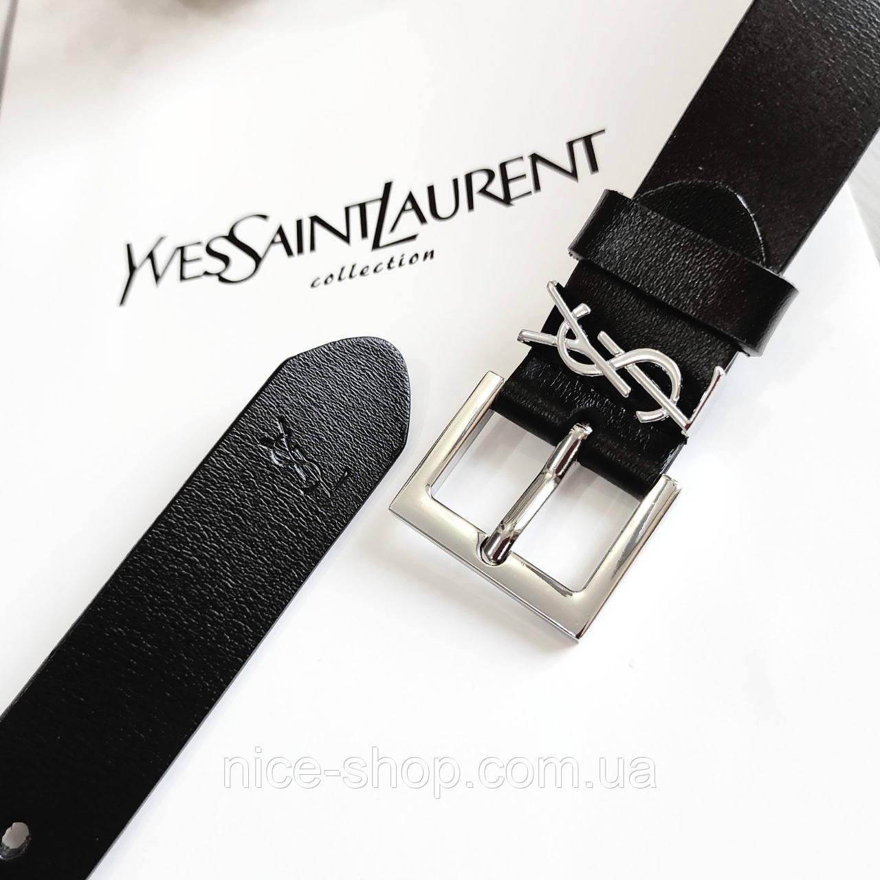 Ремінь шкіряний Yves Saint Laurent (YSL) срібло глянець
