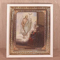 Ікона Благовіщення Пресвятої Богородиці, лик 15х18 см, у білому прямому дерев'яному кіоті