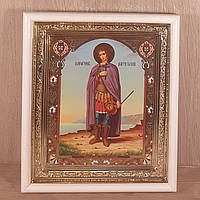 Икона Дмитрий Солунский святой великомученник, лик 15х18 см, в белом прямом деревянном киоте