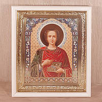 Икона Пантелеймон святой великомученик и целитель, лик 15х18 см, в белом прямом деревянном киоте