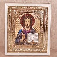 Икона Спасителя, лик 15х18 см, в белом прямом деревянном киоте