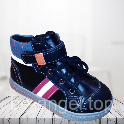 Черевики дитячі чорні, ззаду ромби, шнурки+липучка, фото 1