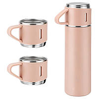 Термос с чашками розовый 500 мл с вакуумной изоляцией Набор подарочный бокс для напитков с термосом и 3 кружки